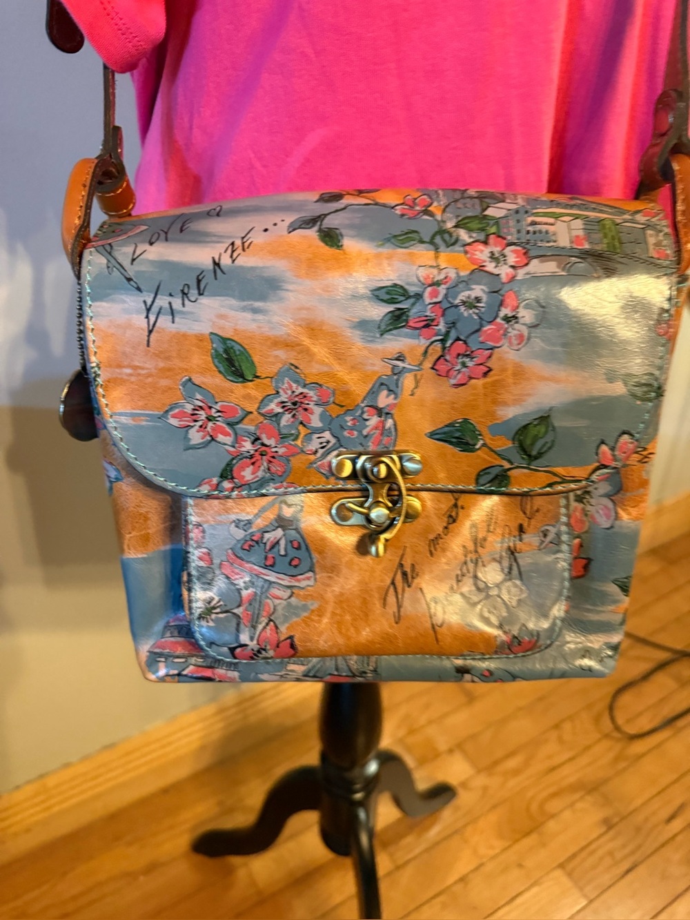Patricia Nash Travel/Ocean Themed Leather Crossbody with Metal Hook Clasp